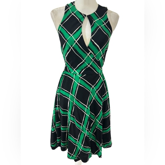 Anthropologie Maple Green Black Plaid Fit & Flare Dress Keyhole Neck Sleeveless - Picture 1 of 8